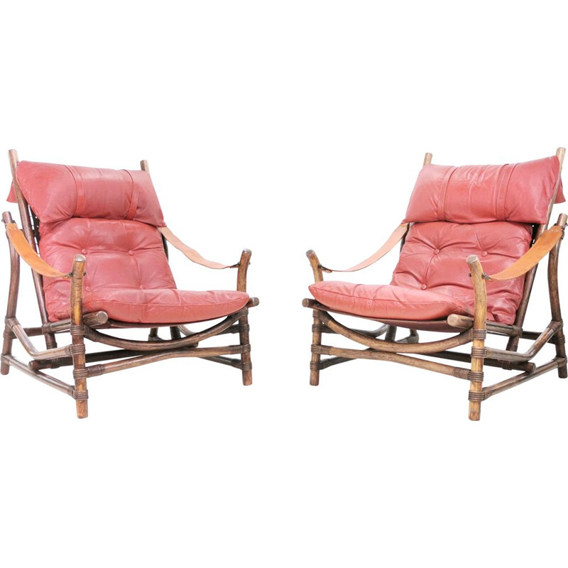 Pair of mid century bamboo & leather lounge chairs, Europe 1960s