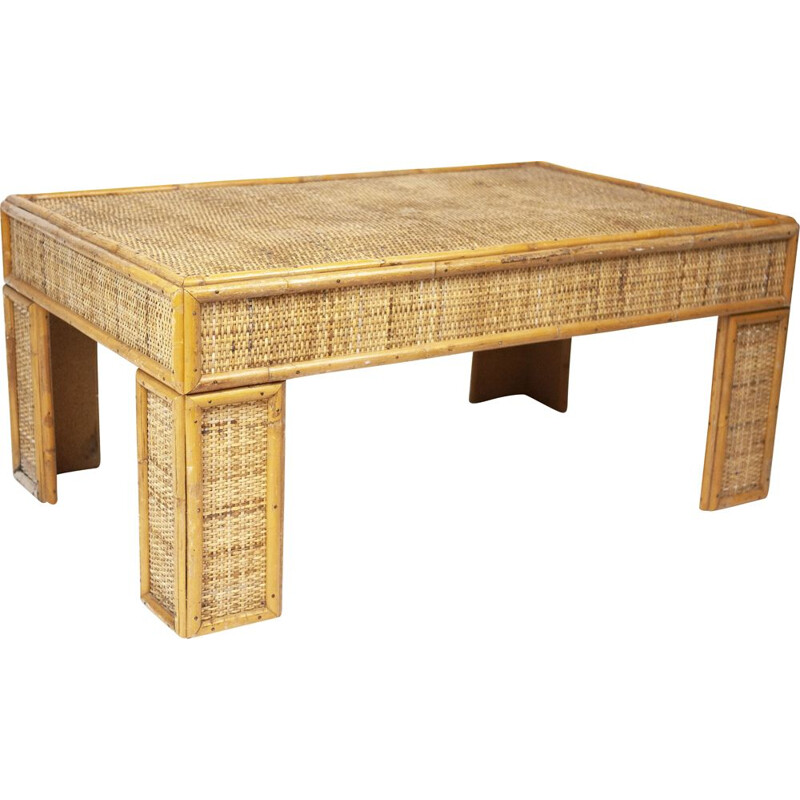 Vintage bamboo and rattan coffee table, France 1970s