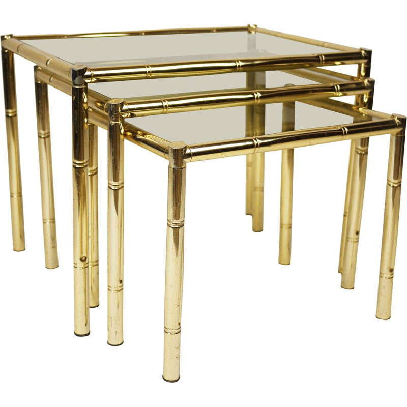 Vintage brass plated bamboo nesting tables and smoked glass, France 1970s