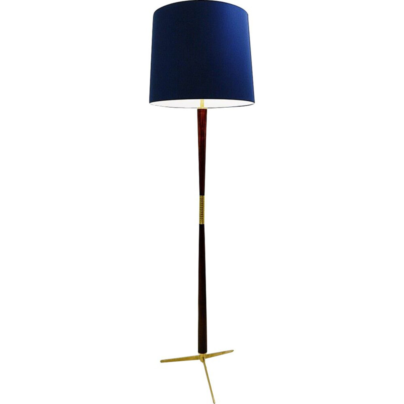 Vintage tripod brass and wood floor lamp, Italy 1950s