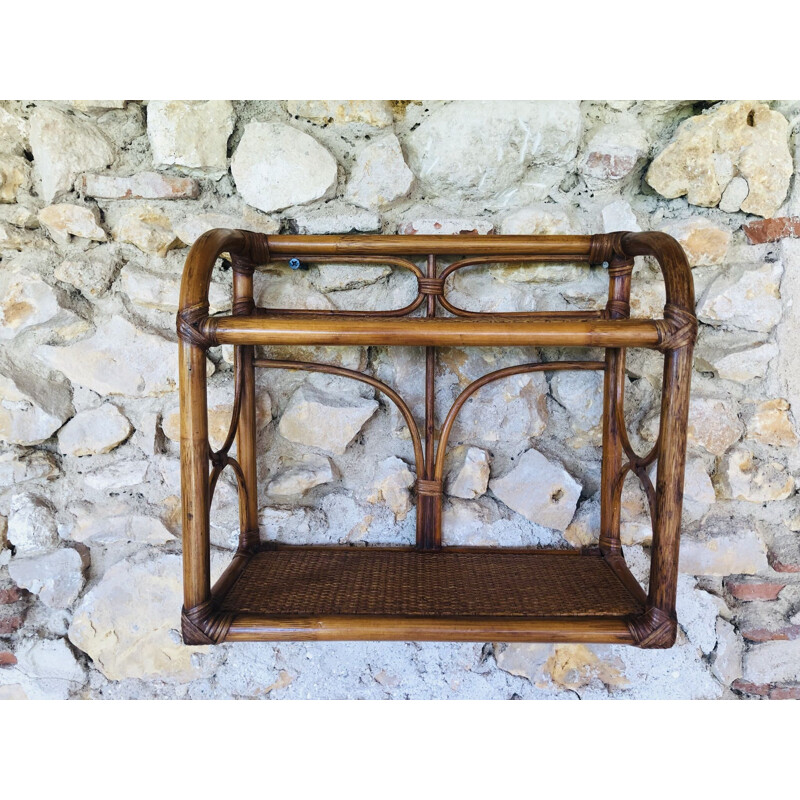 Vintage wall shelf in rattan and bamboo, 1970-1980s