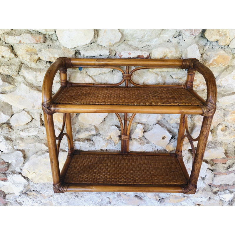 Vintage wall shelf in rattan and bamboo, 1970-1980s