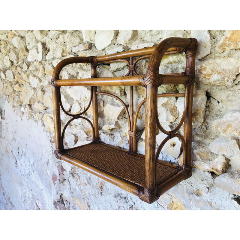 Vintage wall shelf in rattan and bamboo, 1970-1980s