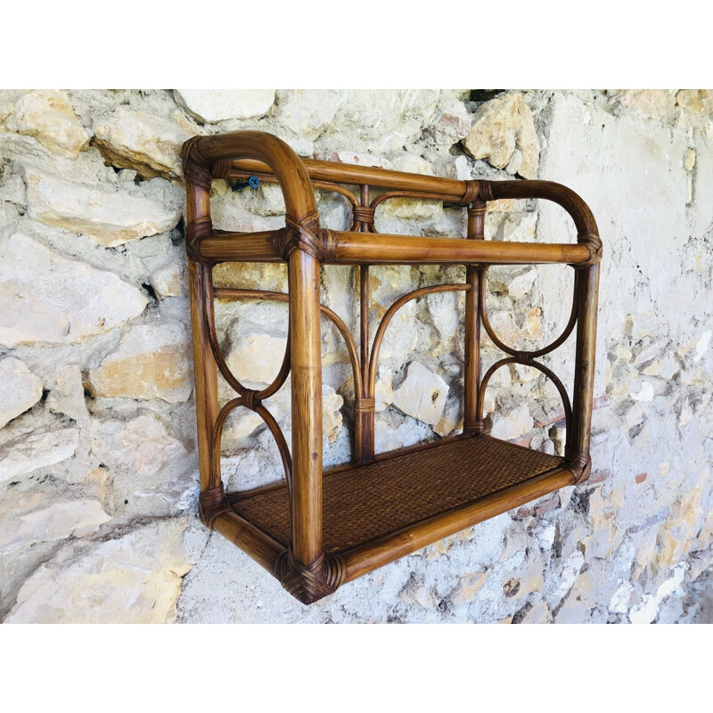 Vintage wall shelf in rattan and bamboo, 1970-1980s