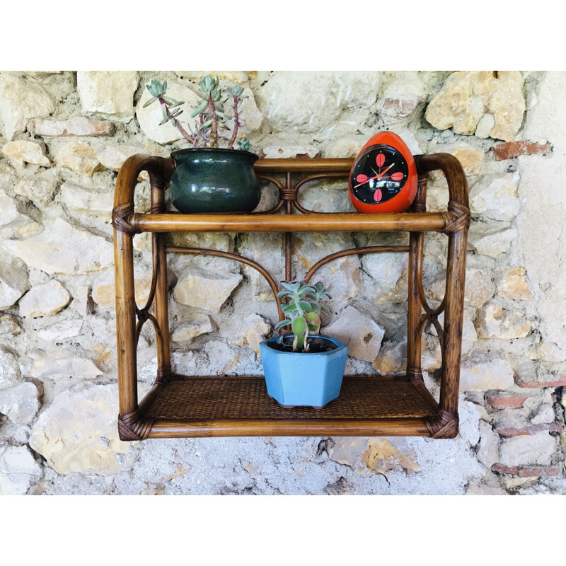 Vintage wall shelf in rattan and bamboo, 1970-1980s