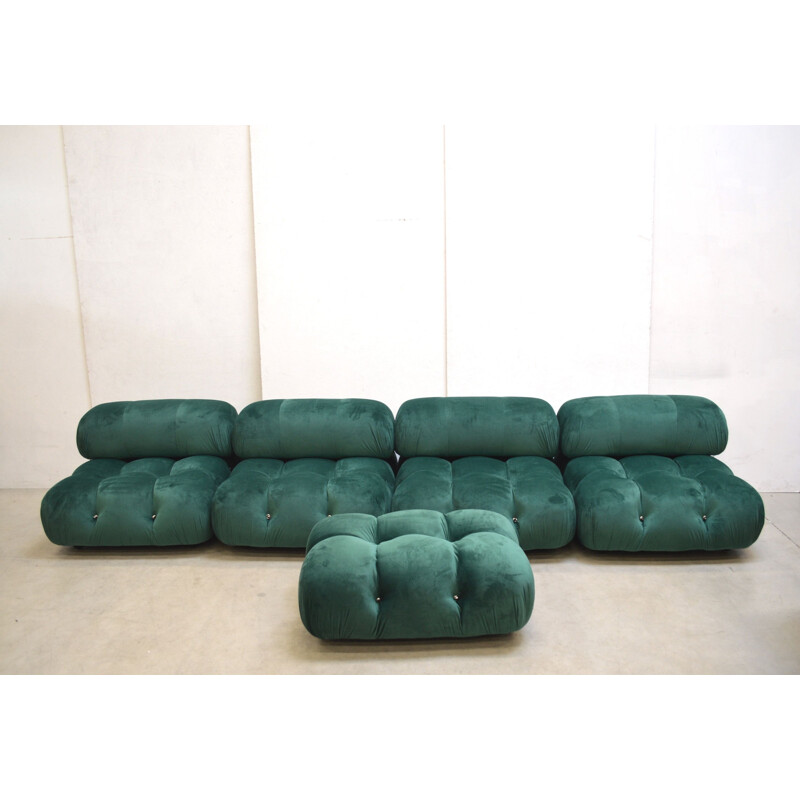 Set of 4 vintage green velvet Camaleonda seating elements and a pouf by Mario Bellini for C&B B&B Italia