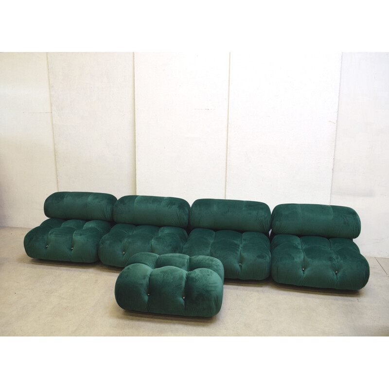 Set of 4 vintage green velvet Camaleonda seating elements and a pouf by Mario Bellini for C&B B&B Italia