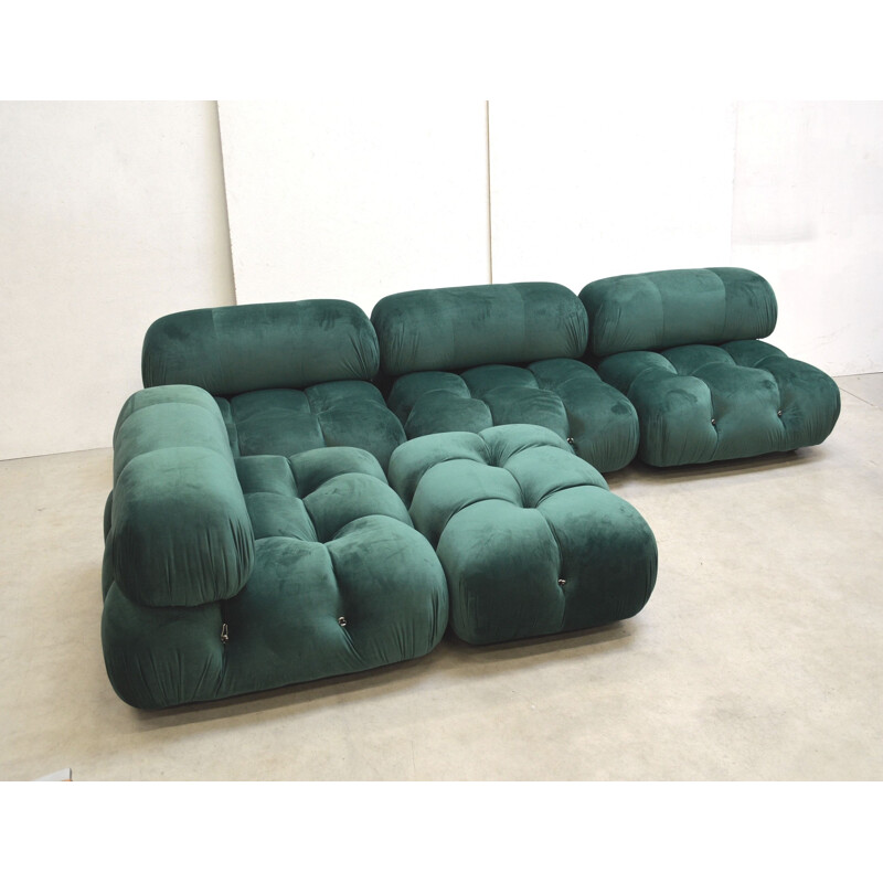 Set of 4 vintage green velvet Camaleonda seating elements and a pouf by Mario Bellini for C&B B&B Italia