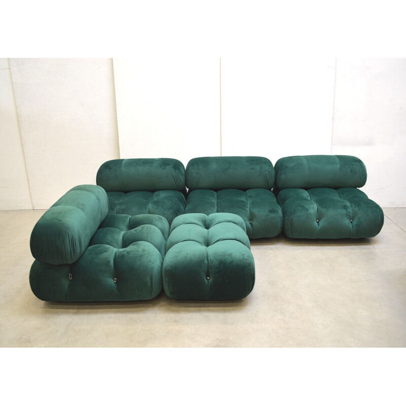 Set of 4 vintage green velvet Camaleonda seating elements and a pouf by Mario Bellini for C&B B&B Italia