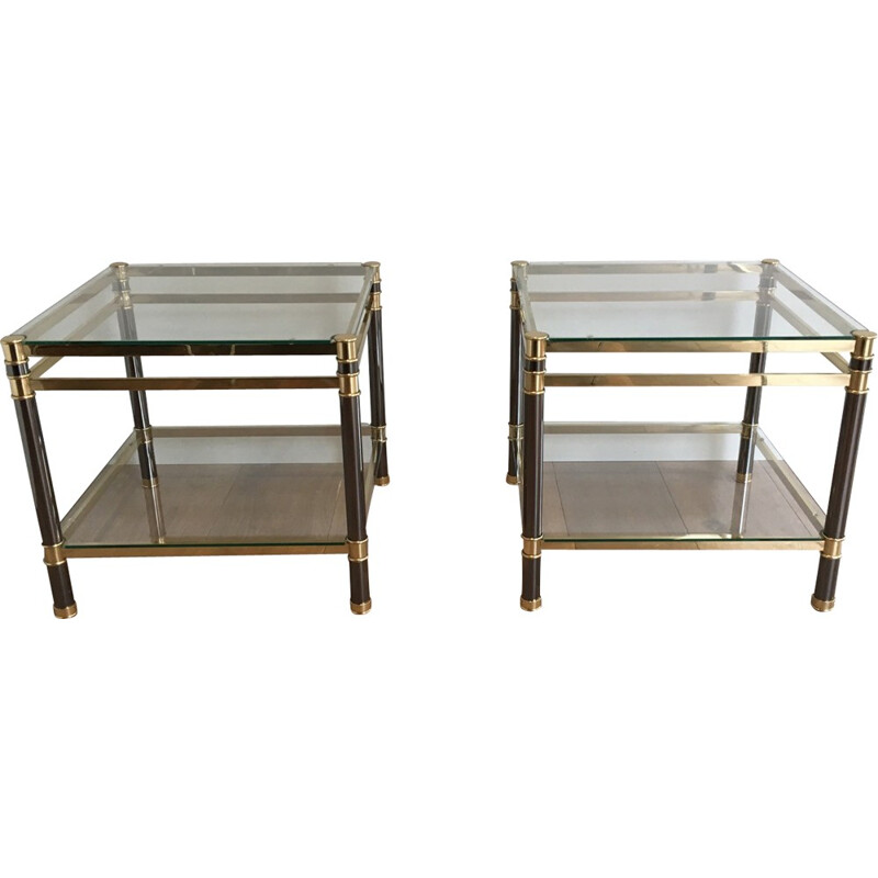 Pair of small side tables in brass and glass - 1970s