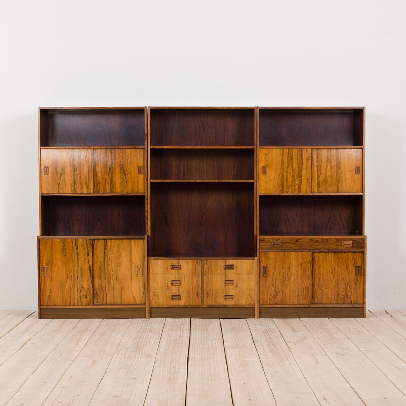 Mid century modern modular bookshelf system in rosewood 3 bay wall unit, Denmark 1970s