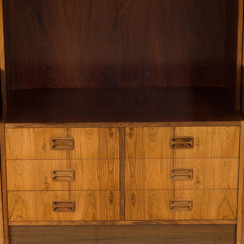 Mid century modern modular bookshelf system in rosewood 3 bay wall unit, Denmark 1970s