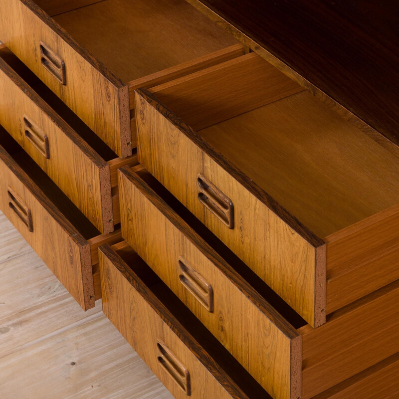 Mid century modern modular bookshelf system in rosewood 3 bay wall unit, Denmark 1970s