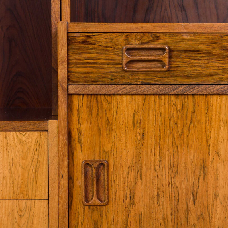 Mid century modern modular bookshelf system in rosewood 3 bay wall unit, Denmark 1970s