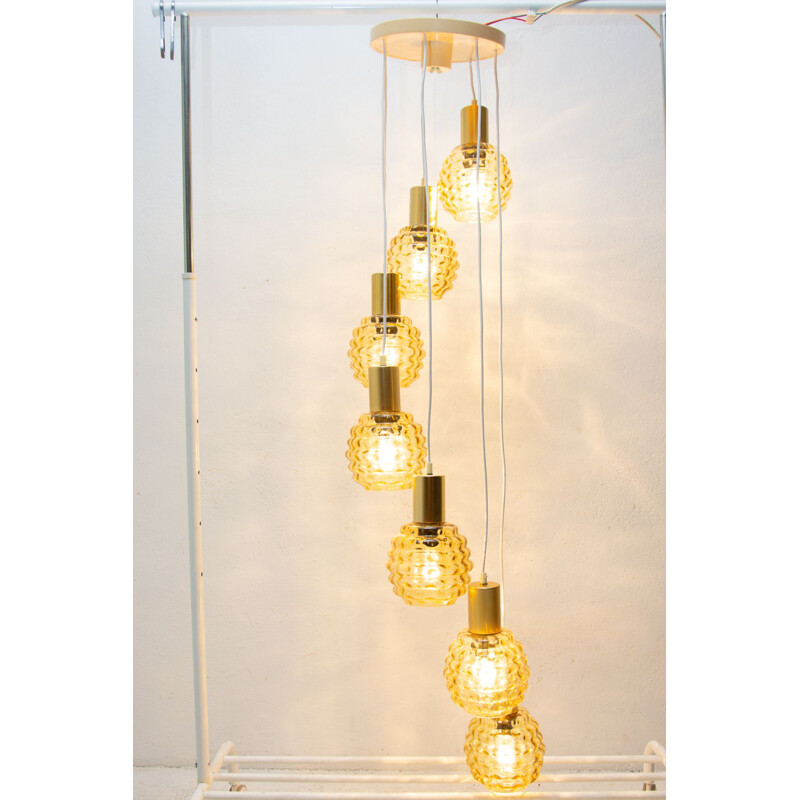 Vintage suspension lamp with seven glass shades by Pokrok Žilina, Czechoslovakia 1960