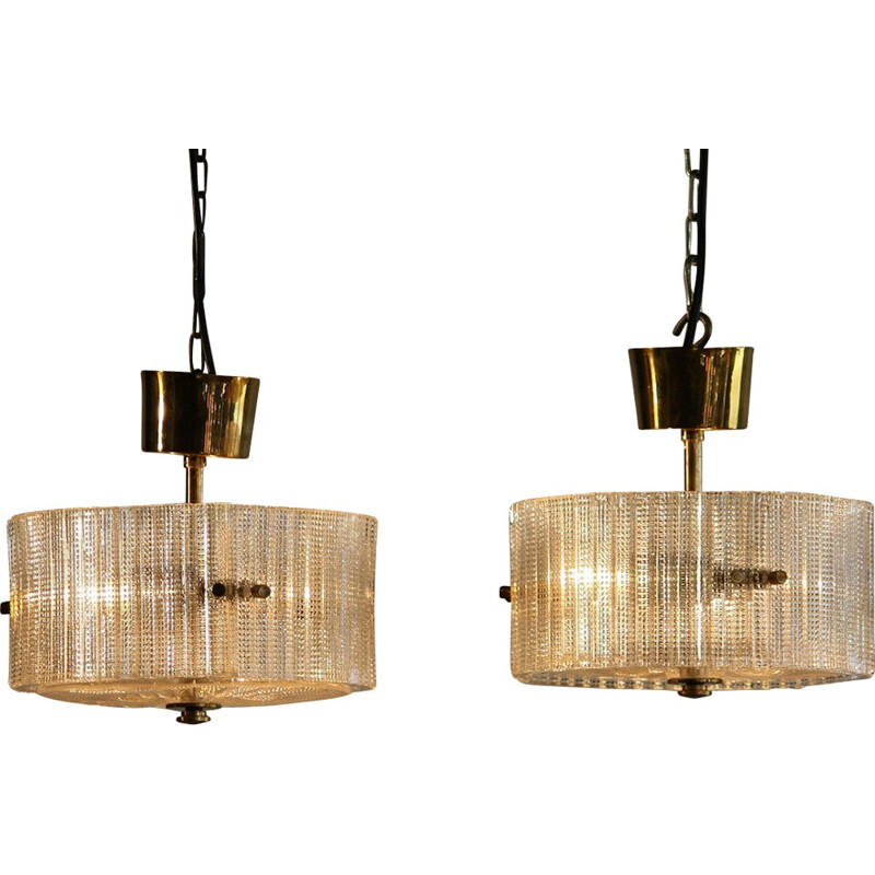 Pair of Swedish Orrefors hanging lamps in brass and glass, Carl FAGERLUND - 1970s