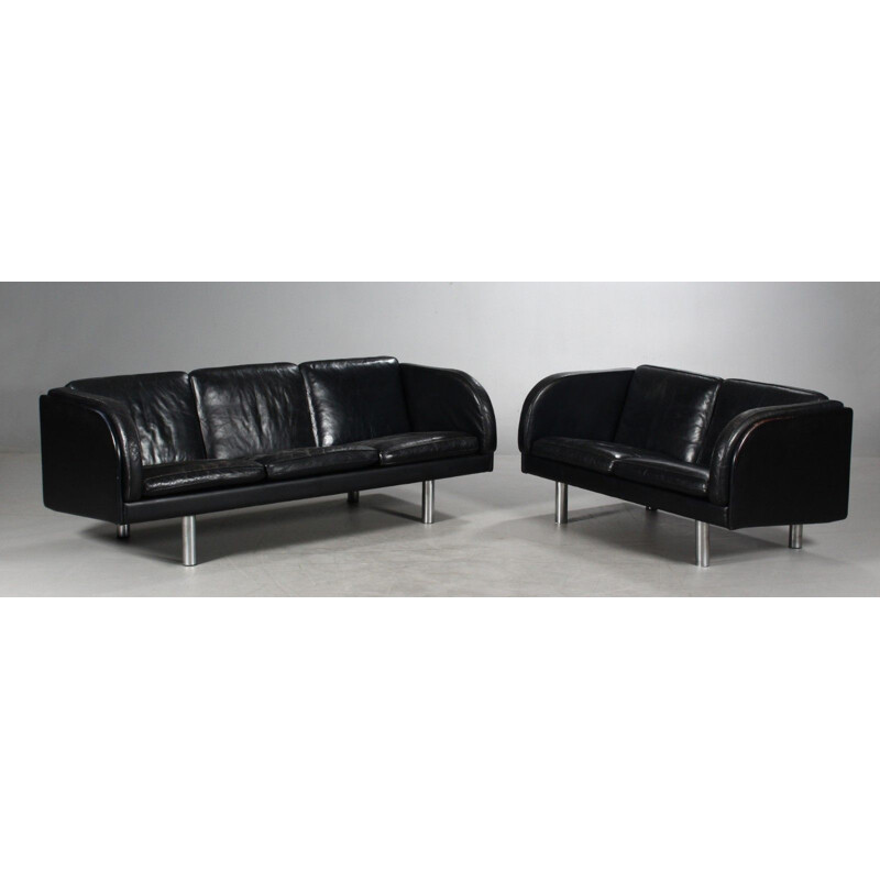 Vintage black leather sofa 2 seater by Jorgen Gammelgaard, 1970s