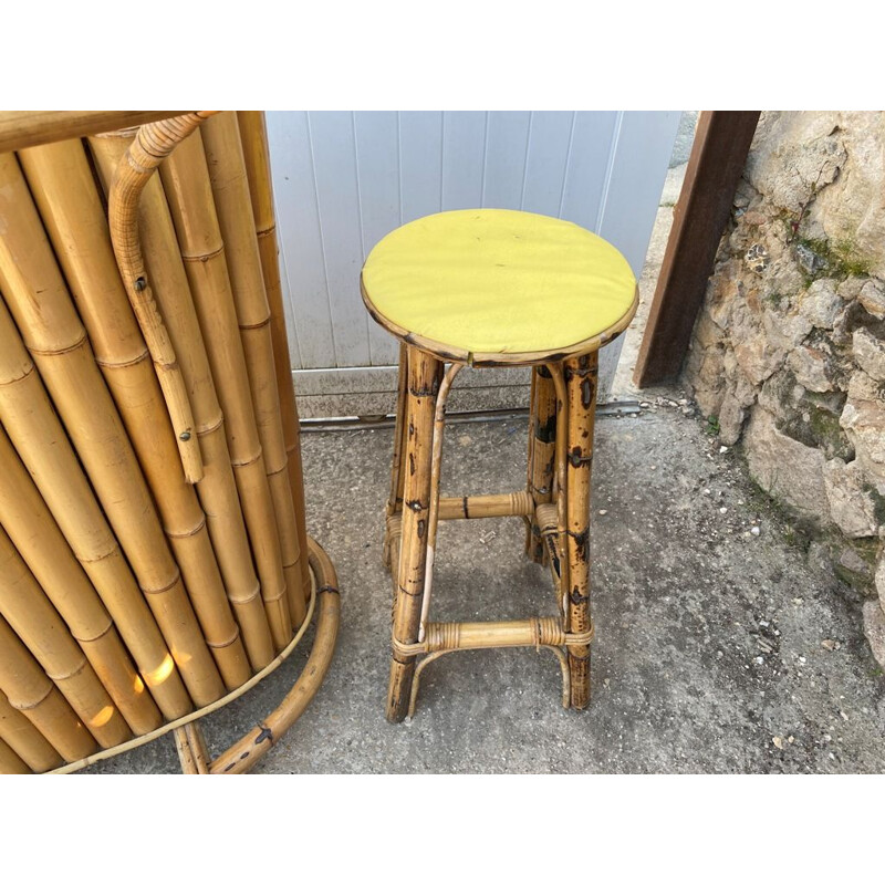 Set of vintage bamboo and rattan bar and 2 stools, 1960-1970s