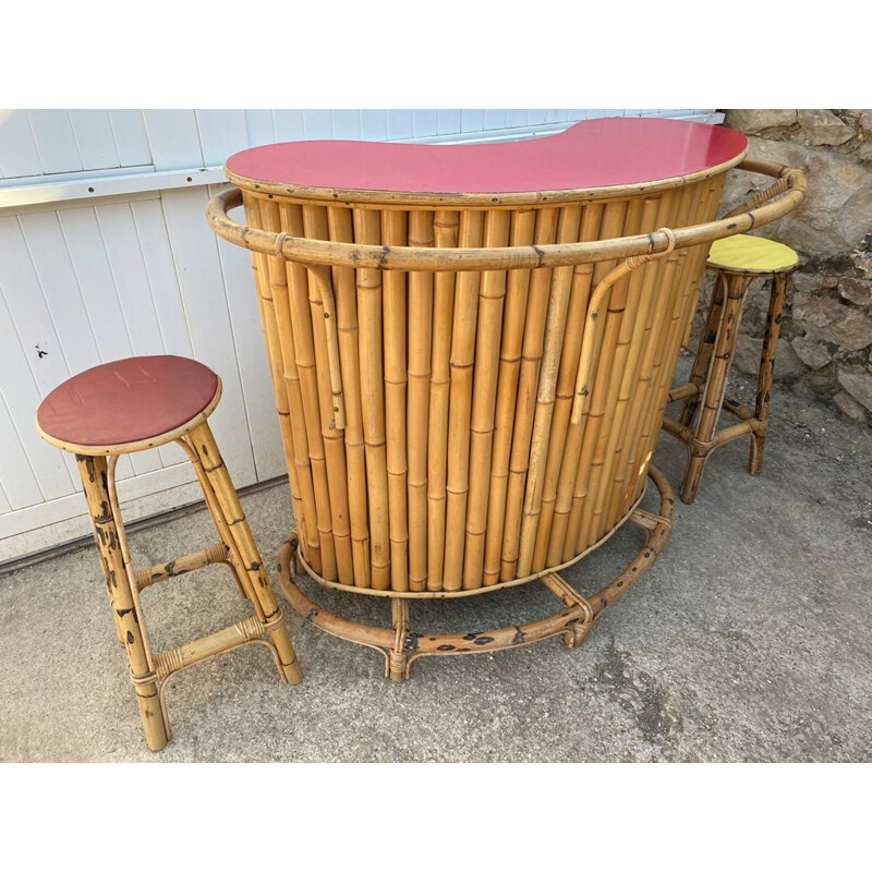 Set of vintage bamboo and rattan bar and 2 stools, 1960-1970s