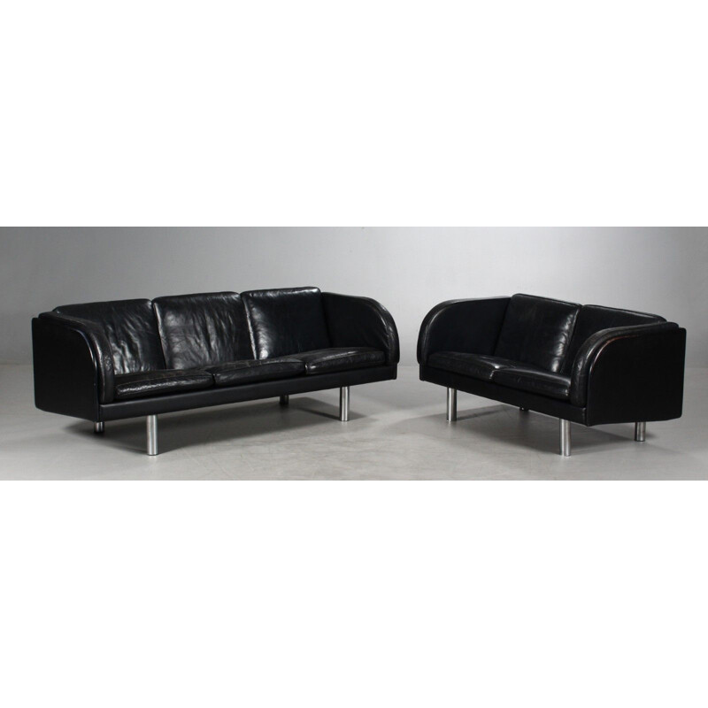 Mid century black leather 3 seater sofa by Gammelgaard, 1970s