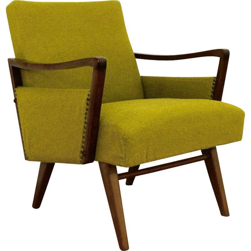 Fauteuil vintage en bois et tissu jaune vert - 1950