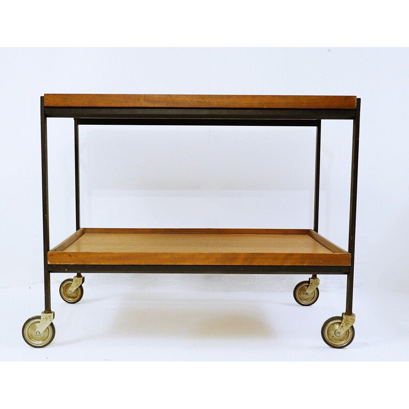 Vintage black lacquered metal and teak trolley, Italy 1960s