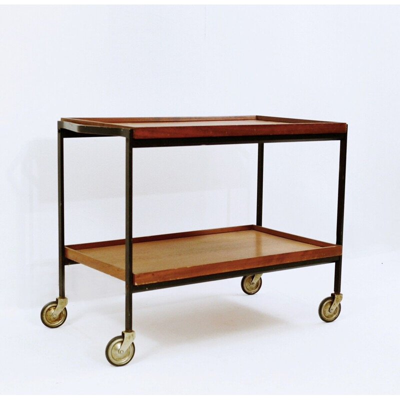 Vintage black lacquered metal and teak trolley, Italy 1960s