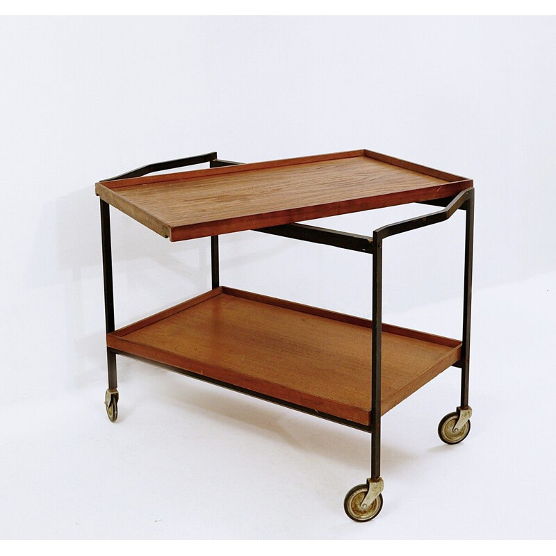 Vintage black lacquered metal and teak trolley, Italy 1960s