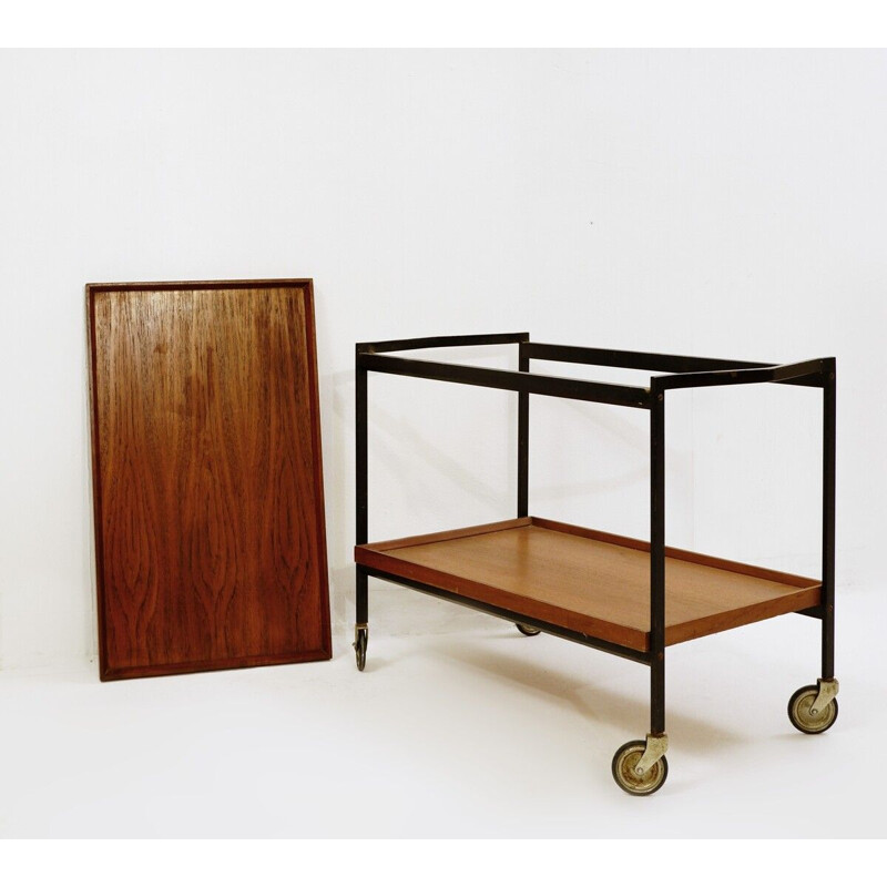 Vintage black lacquered metal and teak trolley, Italy 1960s