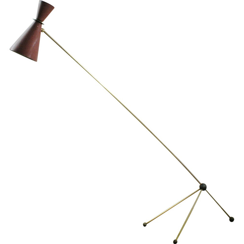 Midcentury red brass floorlamp, Otto KOLB - 1952