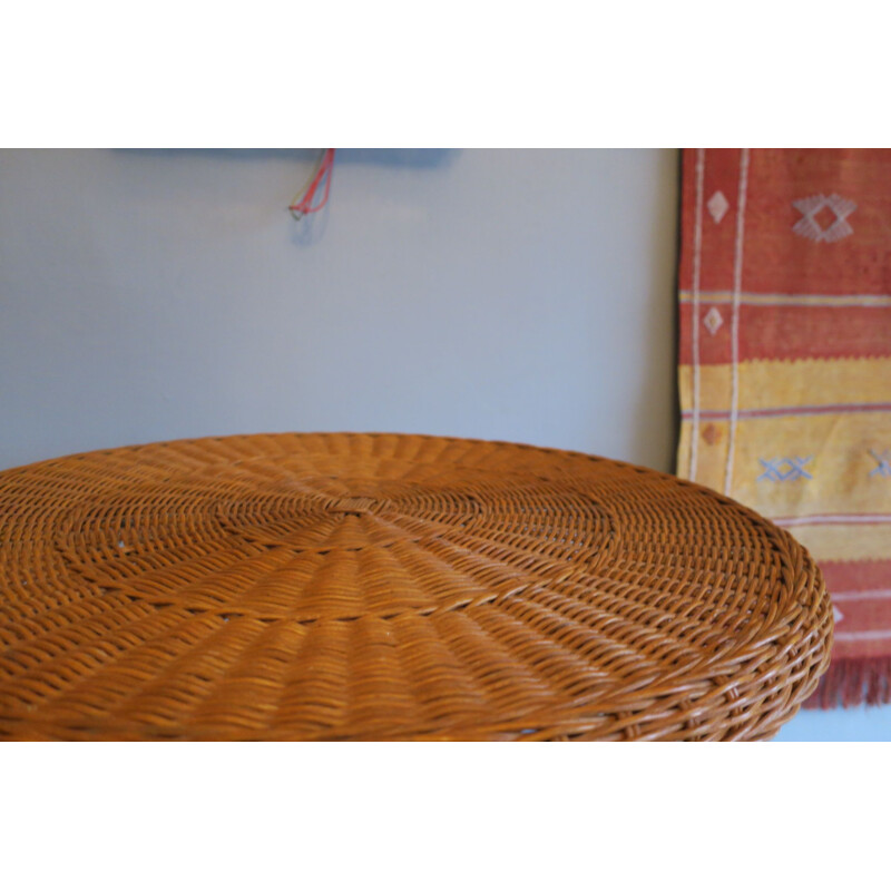 Vintage 2 level coffee table in rattan and black iron, 1960