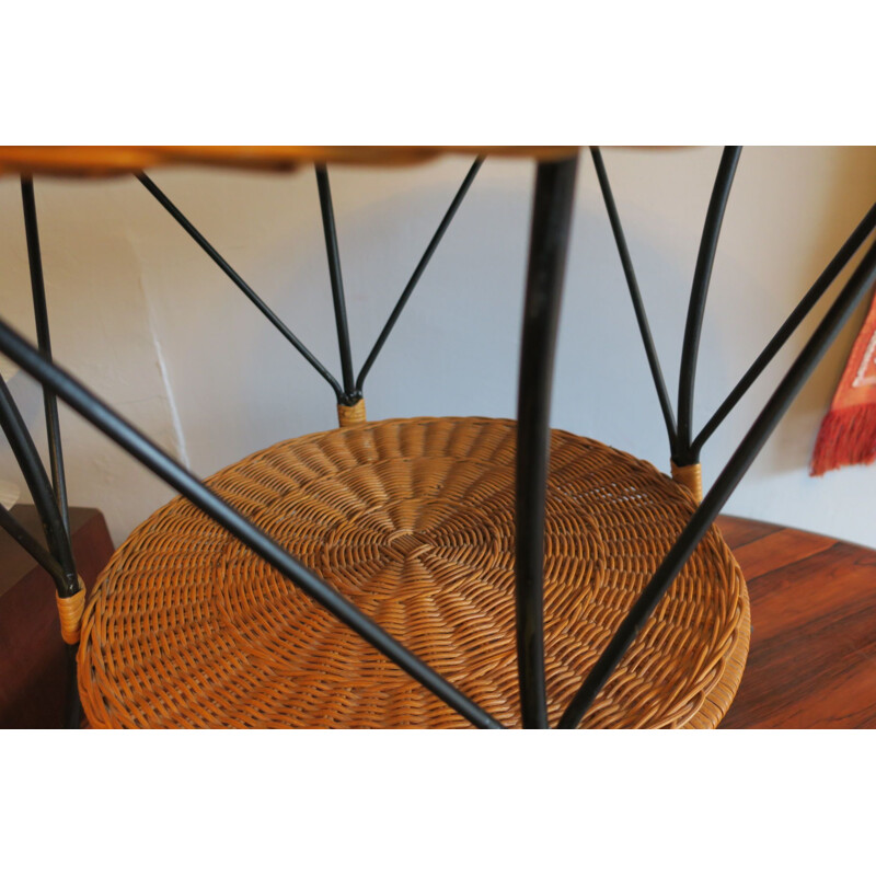 Vintage 2 level coffee table in rattan and black iron, 1960