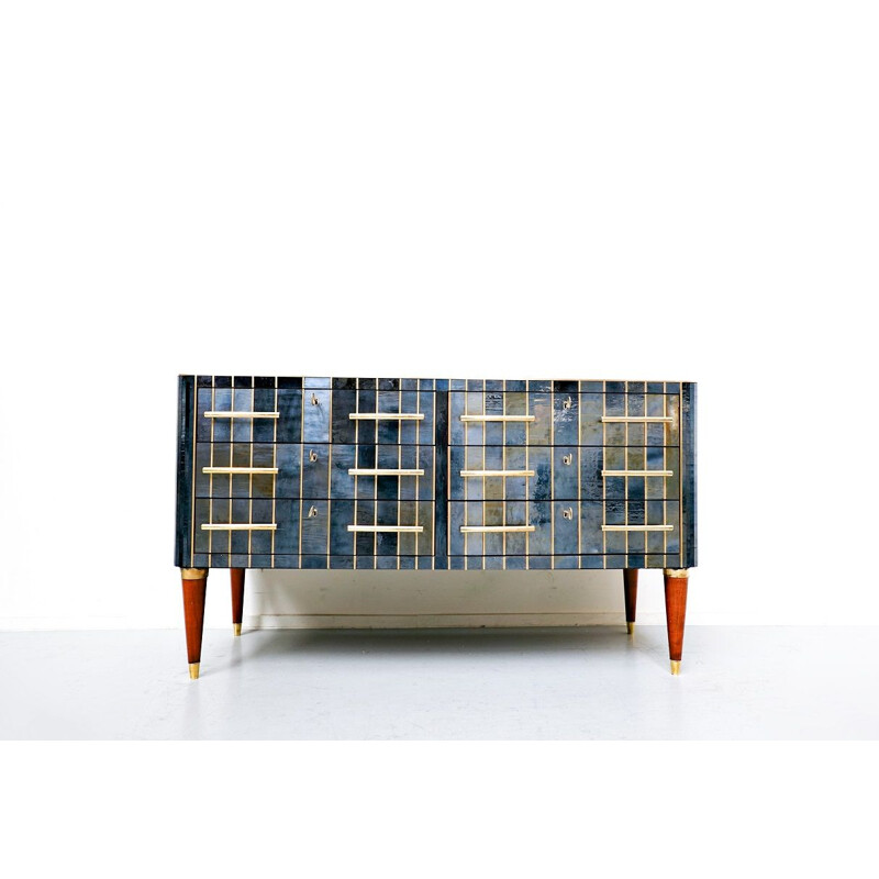 Vintage custom chest of drawers in glass brass and wood, Italy 1950s