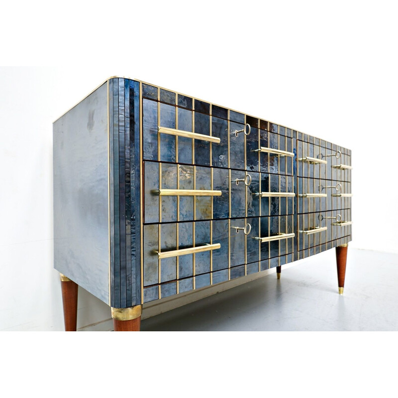 Vintage custom chest of drawers in glass brass and wood, Italy 1950s