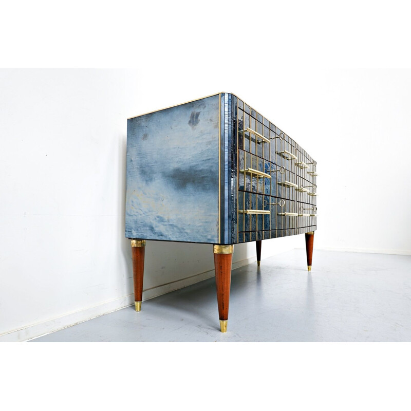 Vintage custom chest of drawers in glass brass and wood, Italy 1950s