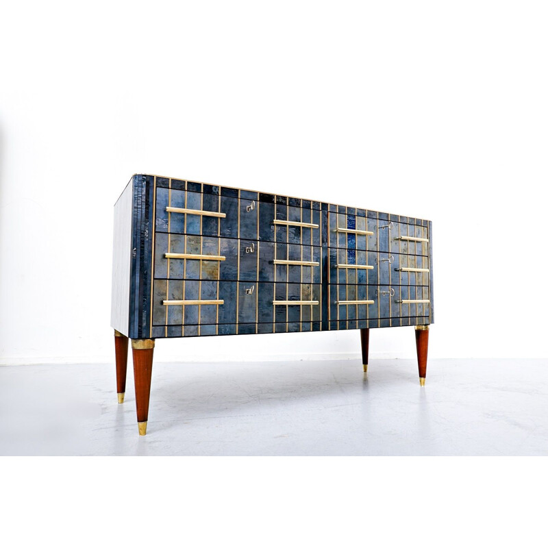 Vintage custom chest of drawers in glass brass and wood, Italy 1950s
