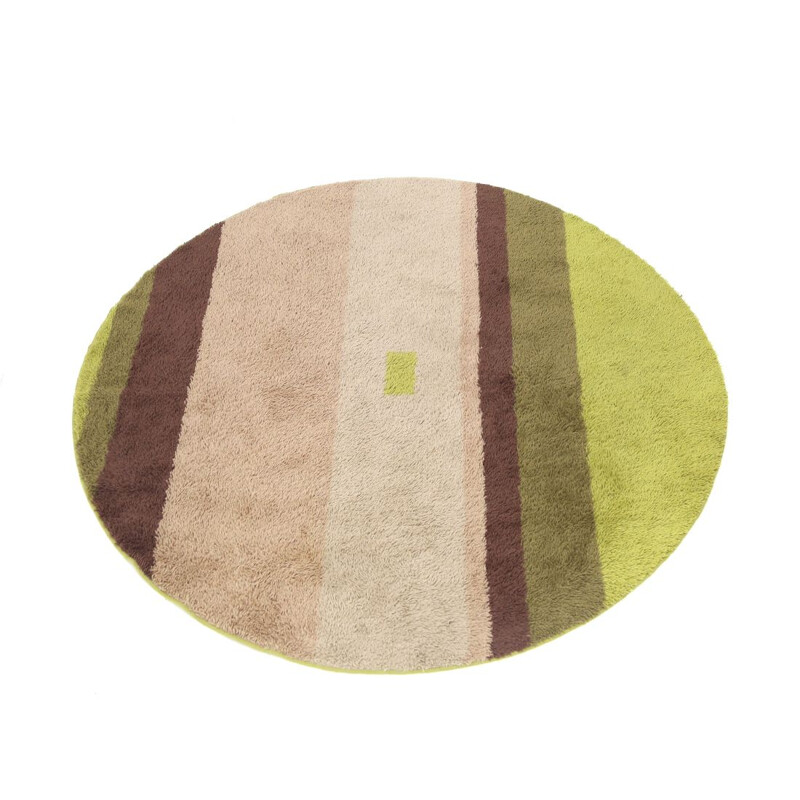 Tapis vintage rond vert, rose et marron, 1960