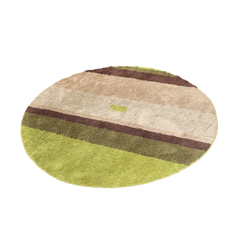 Tapis vintage rond vert, rose et marron, 1960