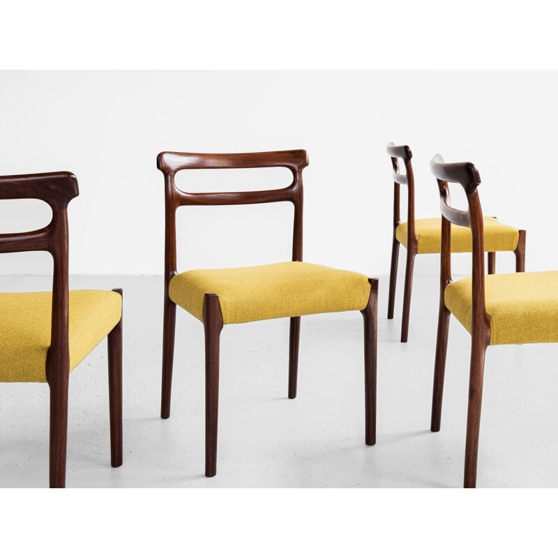 Mid century set of 4 dining chairs in solid wood and ocher fabric, Denmark 1960s