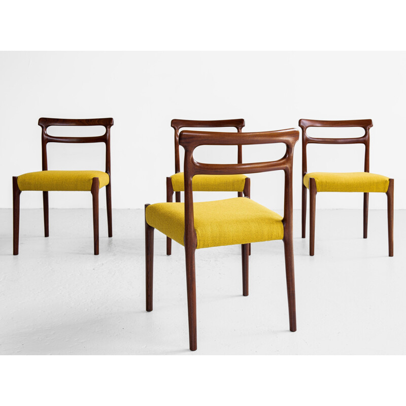 Mid century set of 4 dining chairs in solid wood and ocher fabric, Denmark 1960s