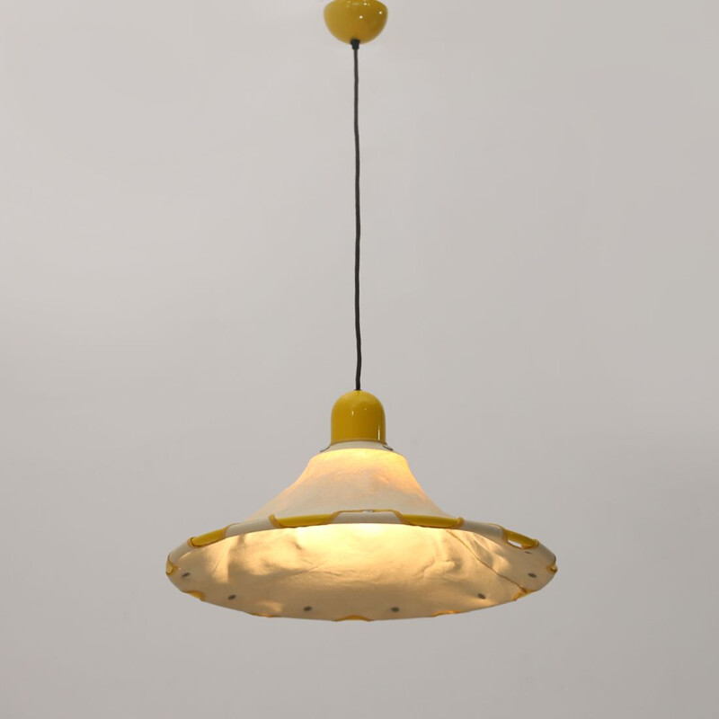 Vintage yellow chandelier with canvas diffuser, Italy 1980s