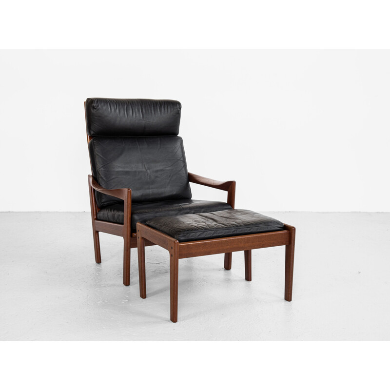 Cadeira Vintage de teca e de couro e otomano por Illum Wikkelsø para Niels Eilersen, Dinamarca 1960