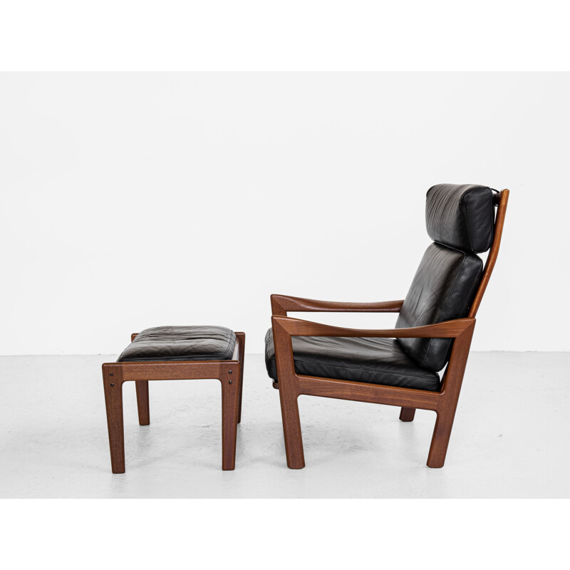 Cadeira Vintage de teca e de couro e otomano por Illum Wikkelsø para Niels Eilersen, Dinamarca 1960