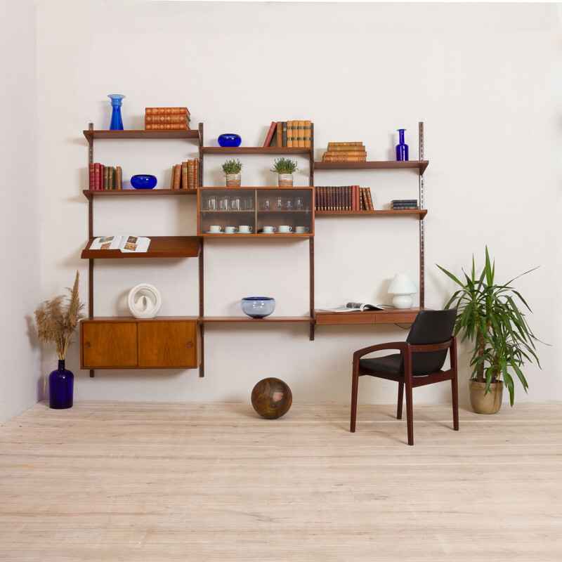 Vintage teak wall unit with a desk 3 bay shelving by Kai Kristiansen for FM Mobler, Denmark 1960s