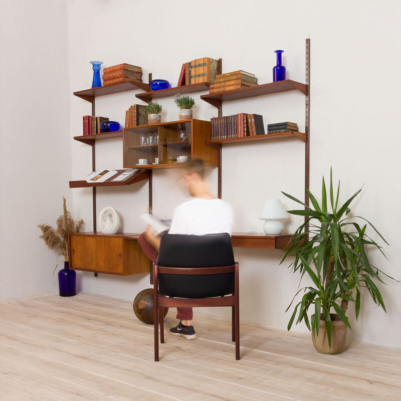 Vintage teak wall unit with a desk 3 bay shelving by Kai Kristiansen for FM Mobler, Denmark 1960s