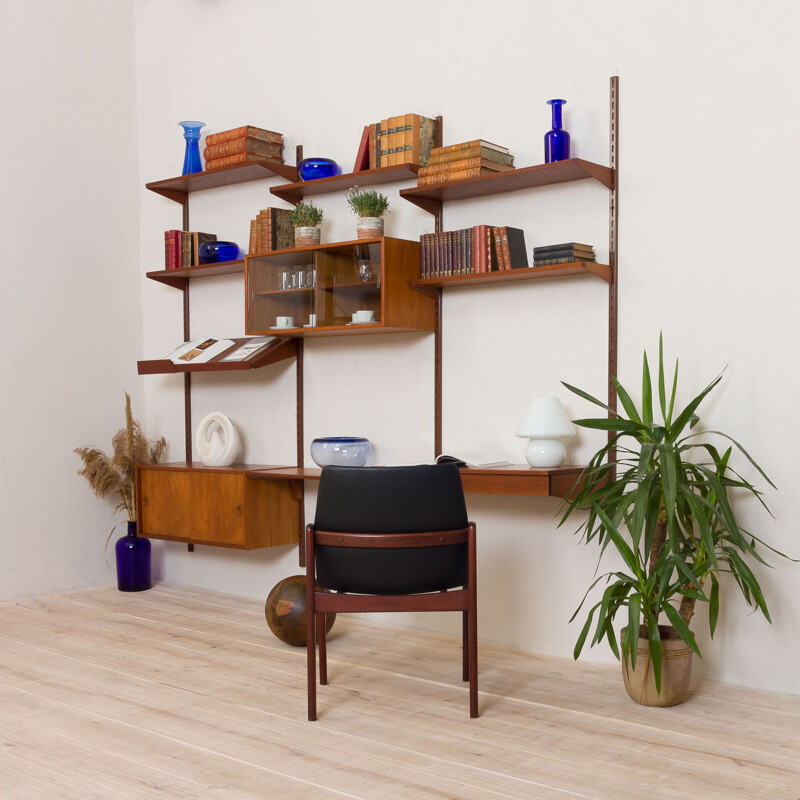 Vintage teak wall unit with a desk 3 bay shelving by Kai Kristiansen for FM Mobler, Denmark 1960s