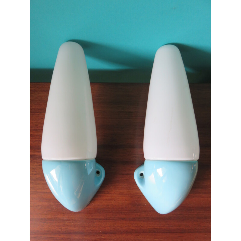 Pair of vintage sconces in turquoise stoneware and opaline glass