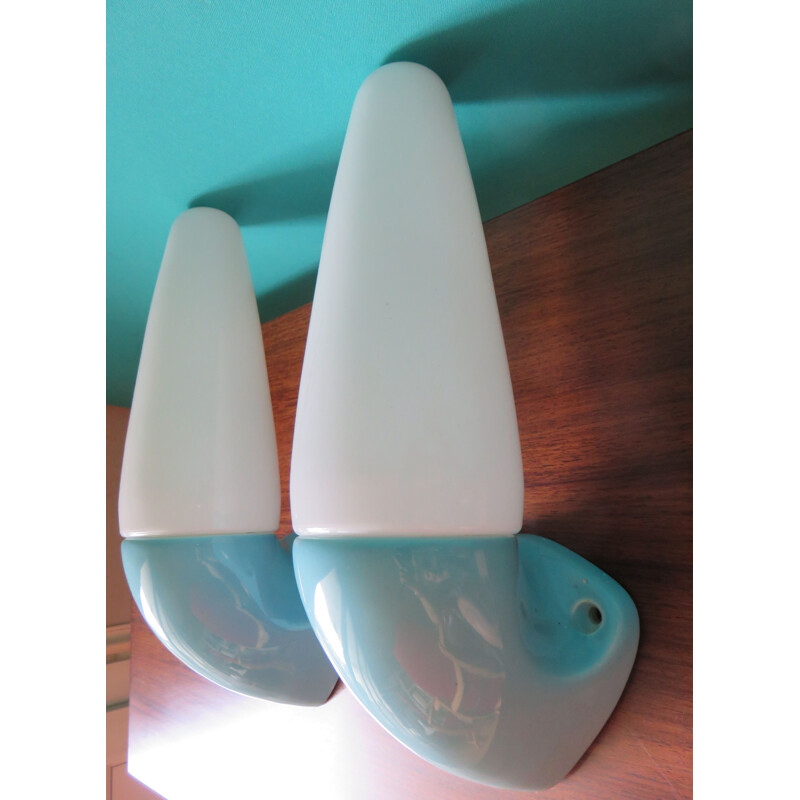 Pair of vintage sconces in turquoise stoneware and opaline glass