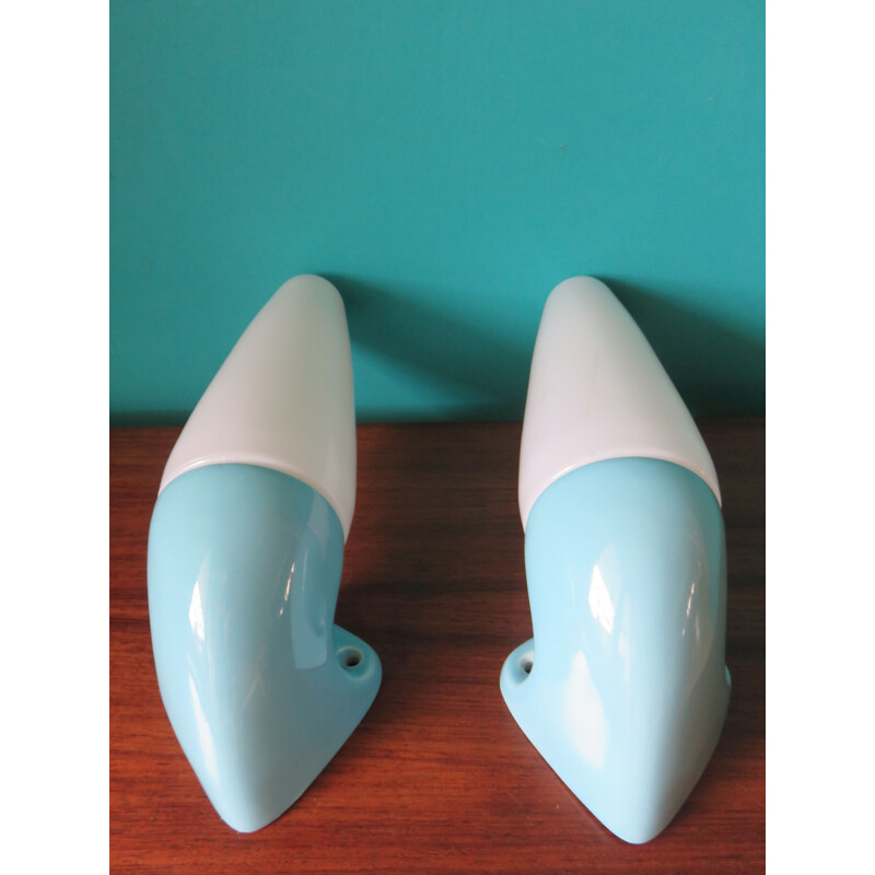 Pair of vintage sconces in turquoise stoneware and opaline glass