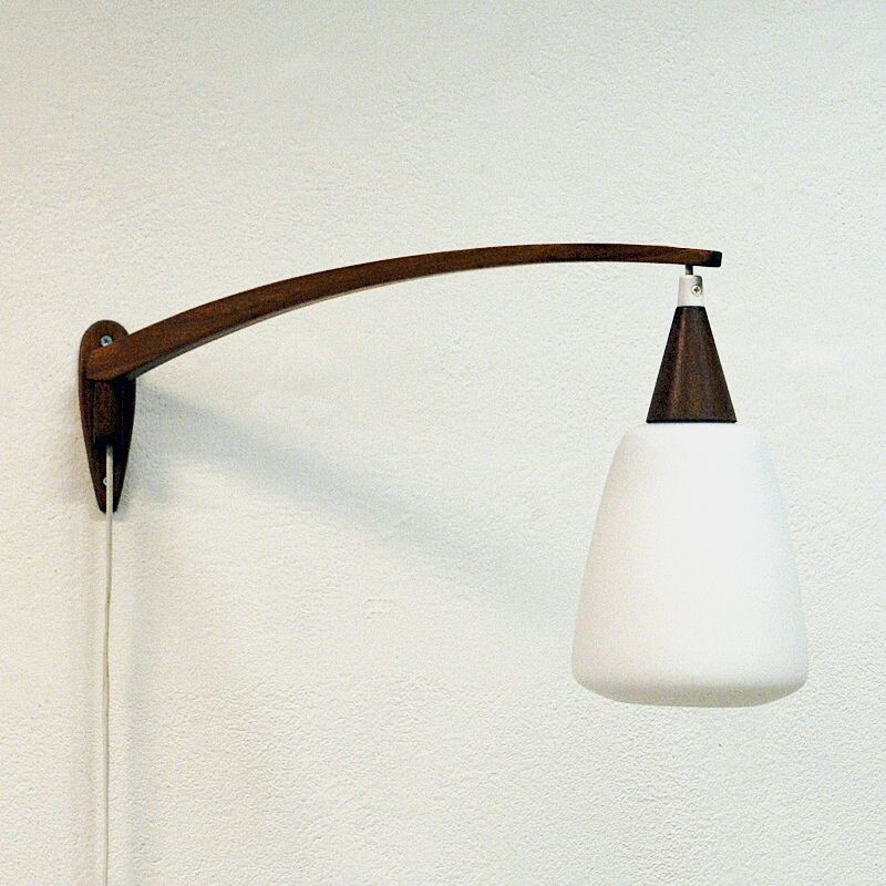 Vintage wall lamp of teak and opaline glass, Sweden 1950s